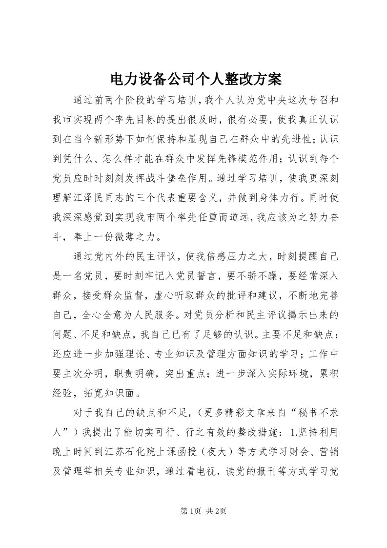 电力设备公司个人整改方案