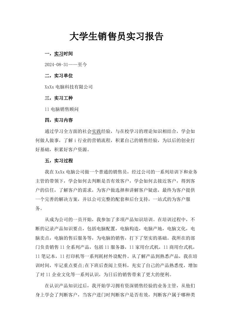 大学生销售员实习报告