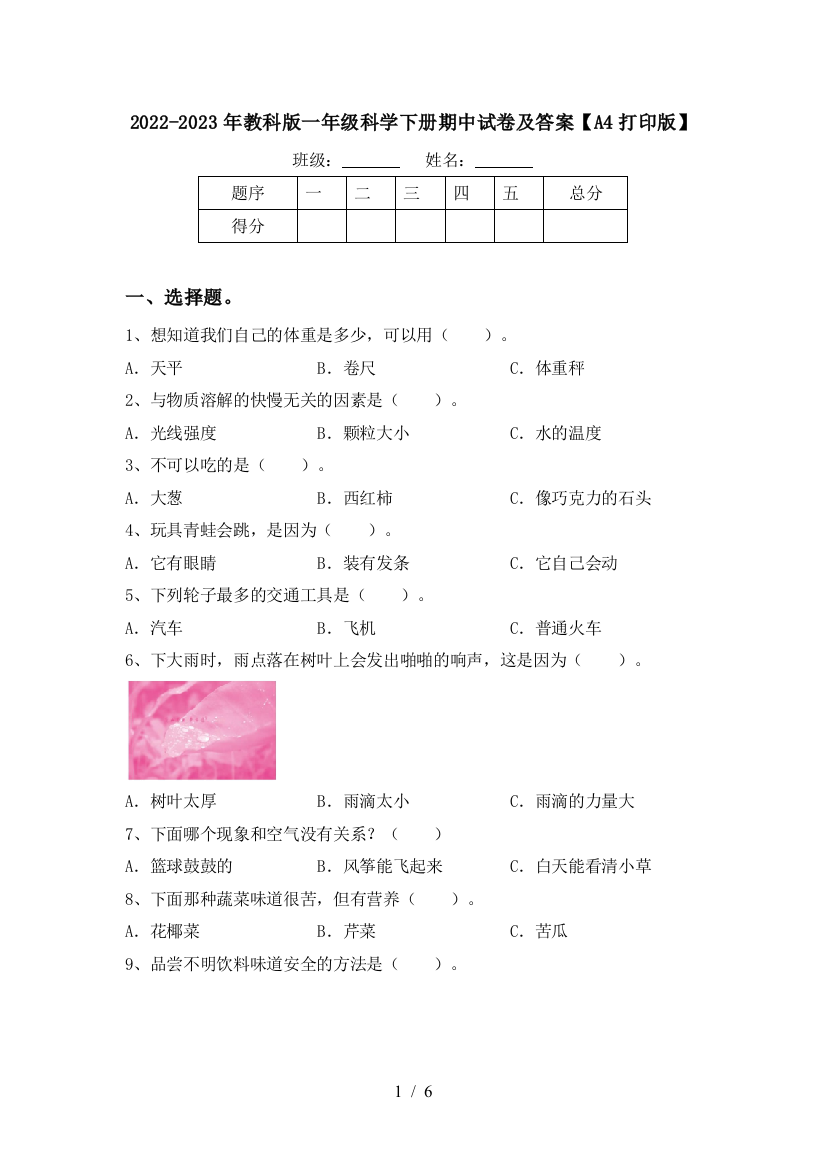 2022-2023年教科版一年级科学下册期中试卷及答案【A4打印版】