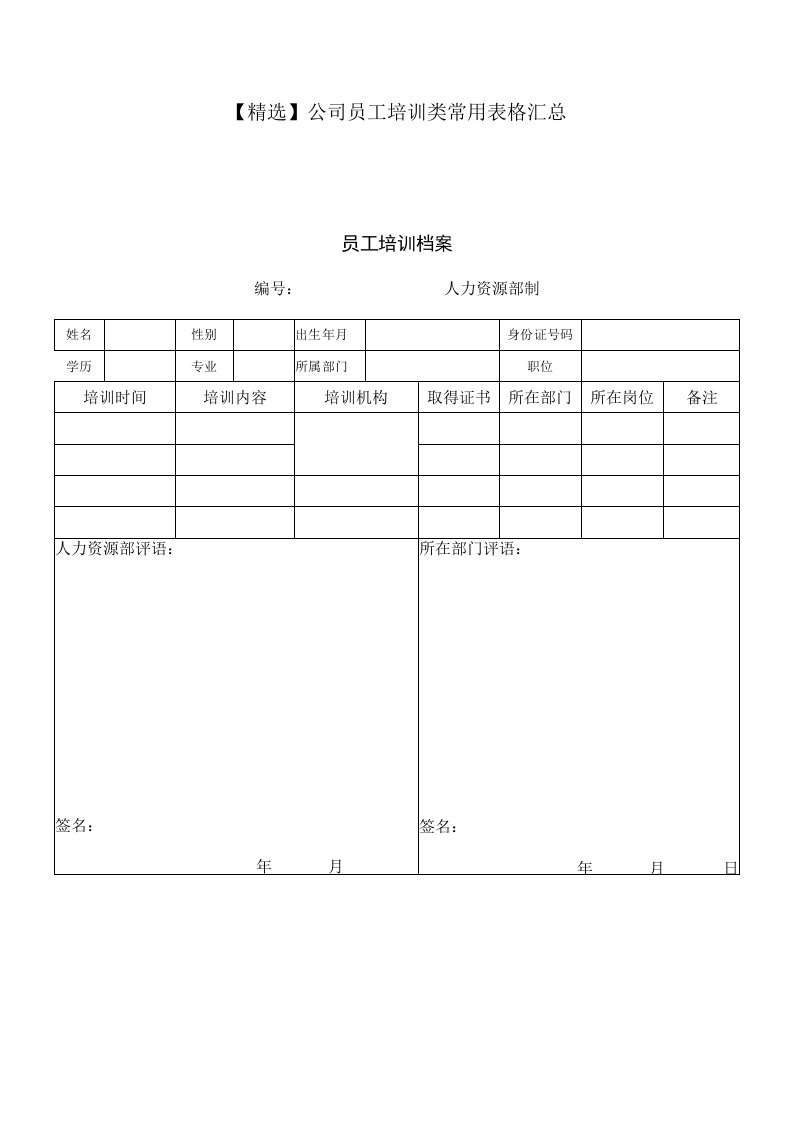 精选公司员工培训类常用表格汇总