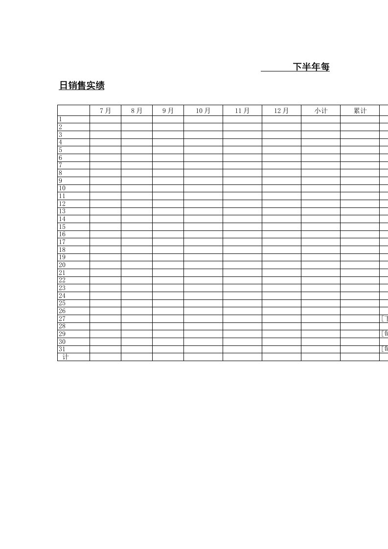 企业下半年每日营销实绩单