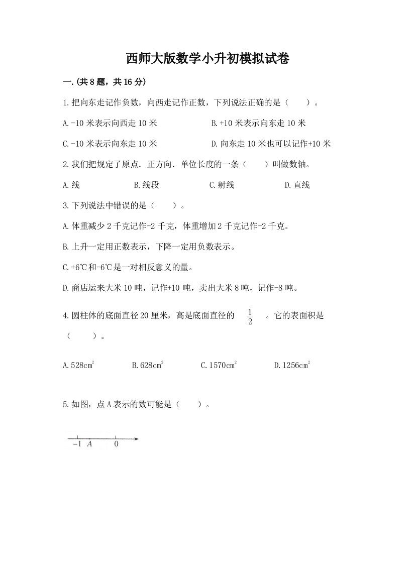 西师大版数学小升初模拟试卷（满分必刷）