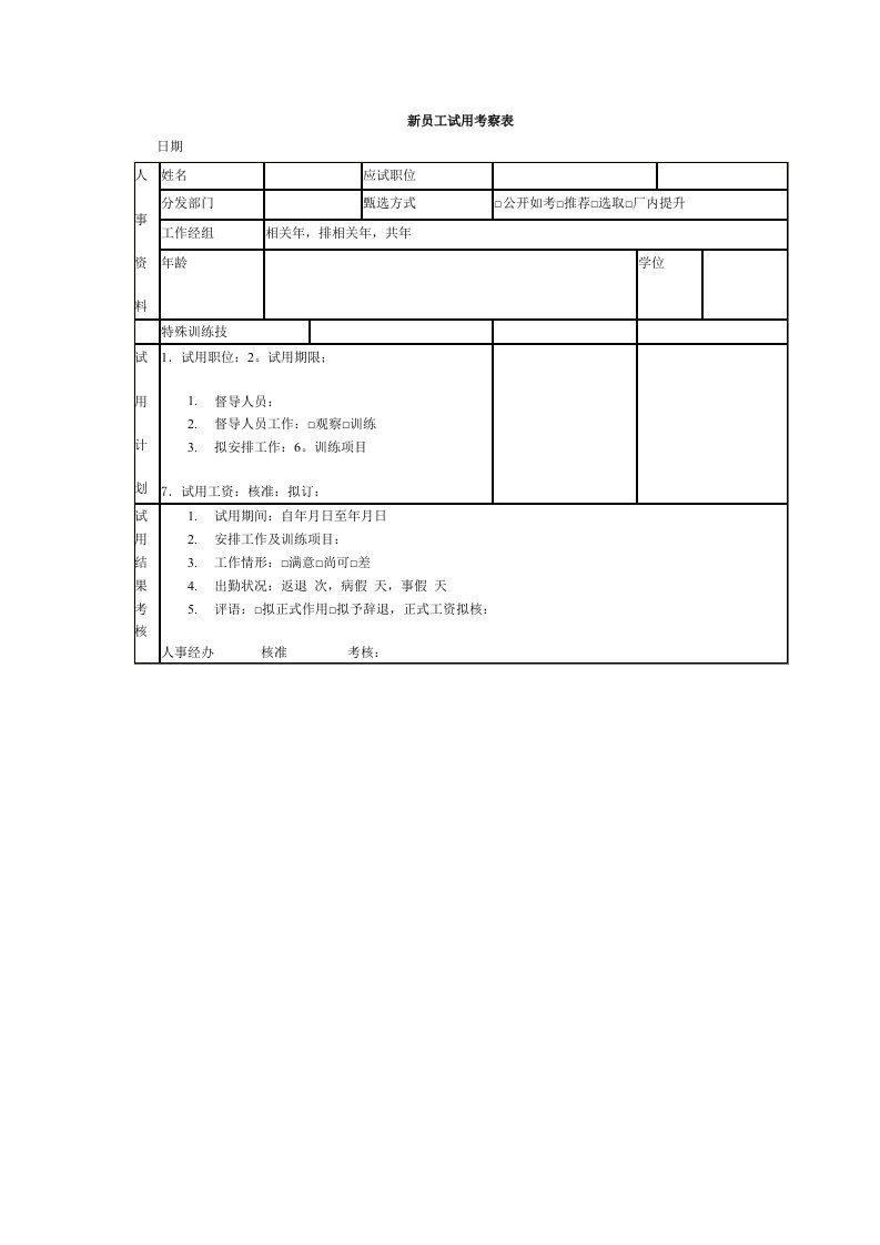 新员工试用考察表