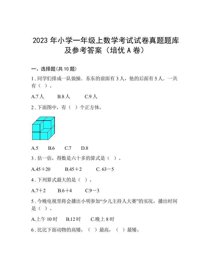 2023年小学一年级上数学考试试卷真题题库及参考答案（培优A卷）