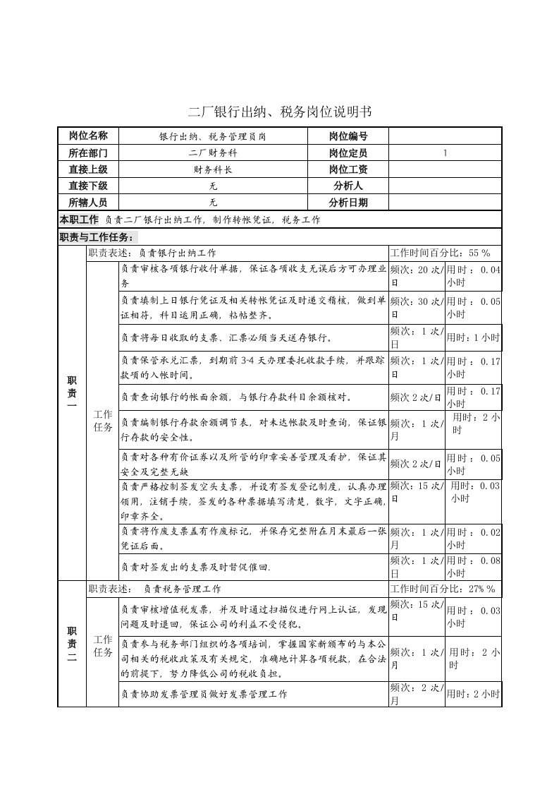 银行出纳、税务管理员岗位职务说明书