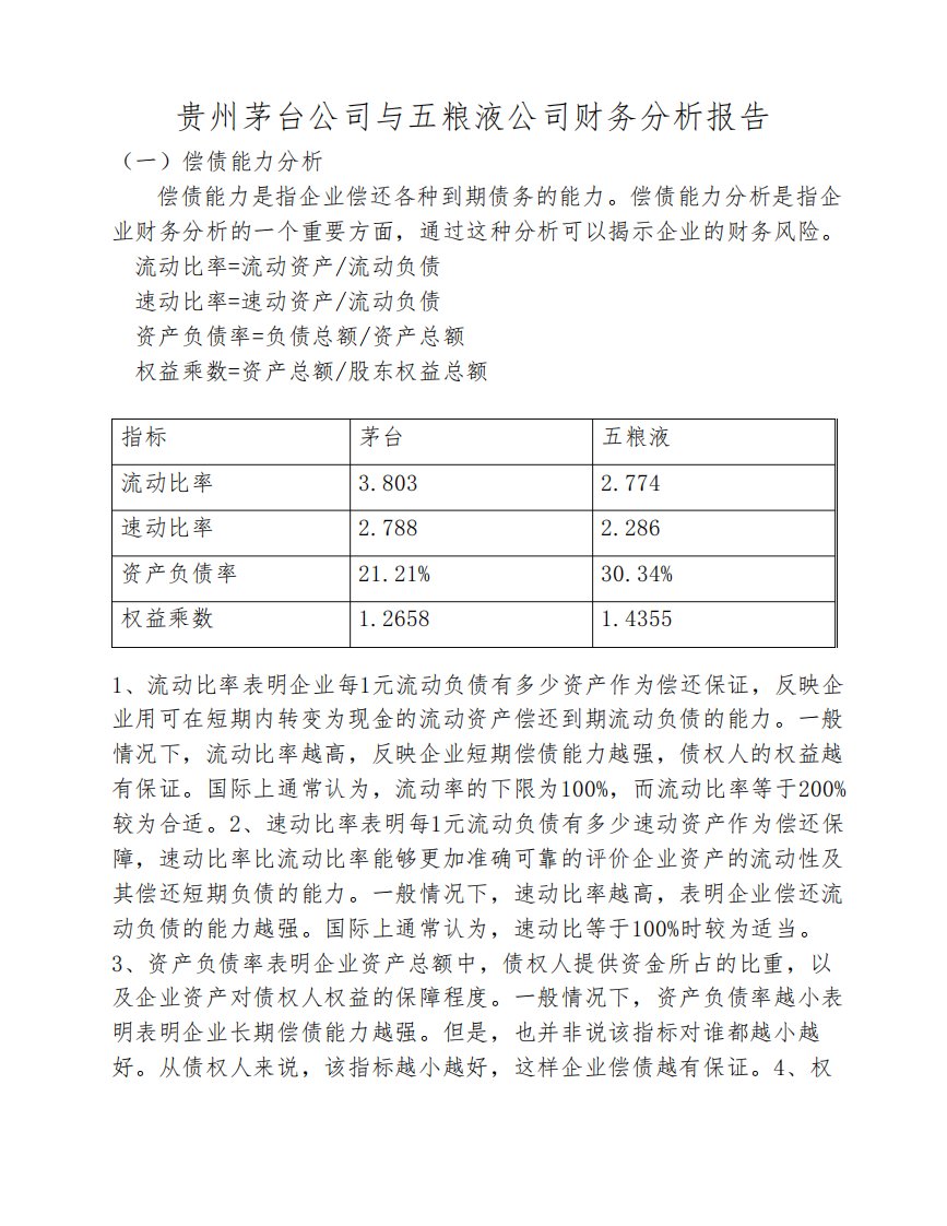 贵州茅台公司与五粮液公司财务分析报告