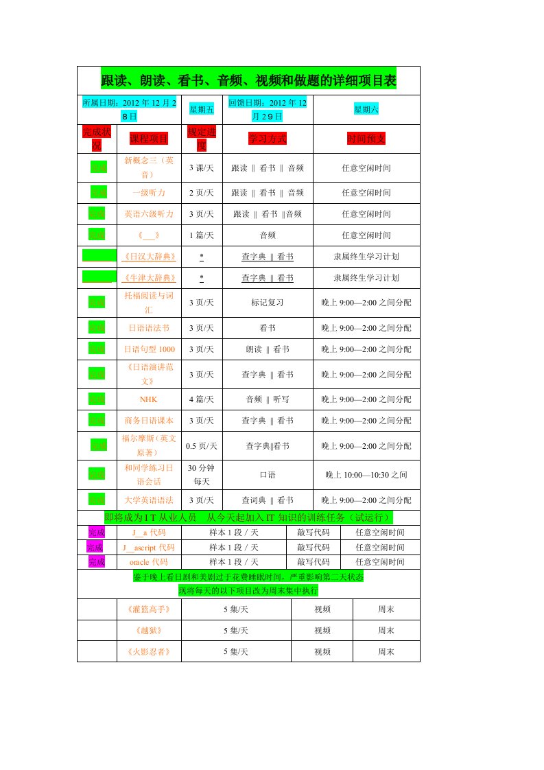 跟读朗读看书的每日计划