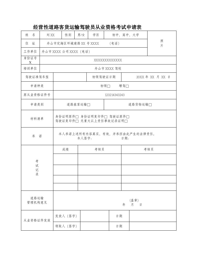 交通运输-附件6道路运输从业人员从业资格证件换发、补发、变更登记表