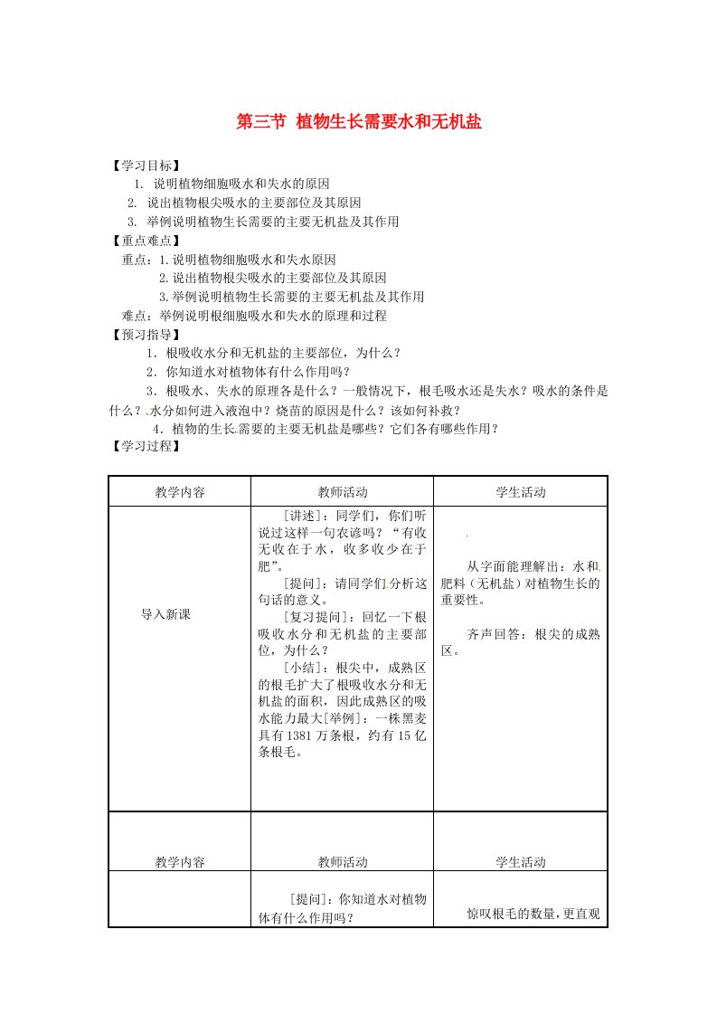 七年级生物上册第3单元生物圈中的绿色植物第5章绿色植物的一生5.3植物生长需要水和无机盐教案苏教版