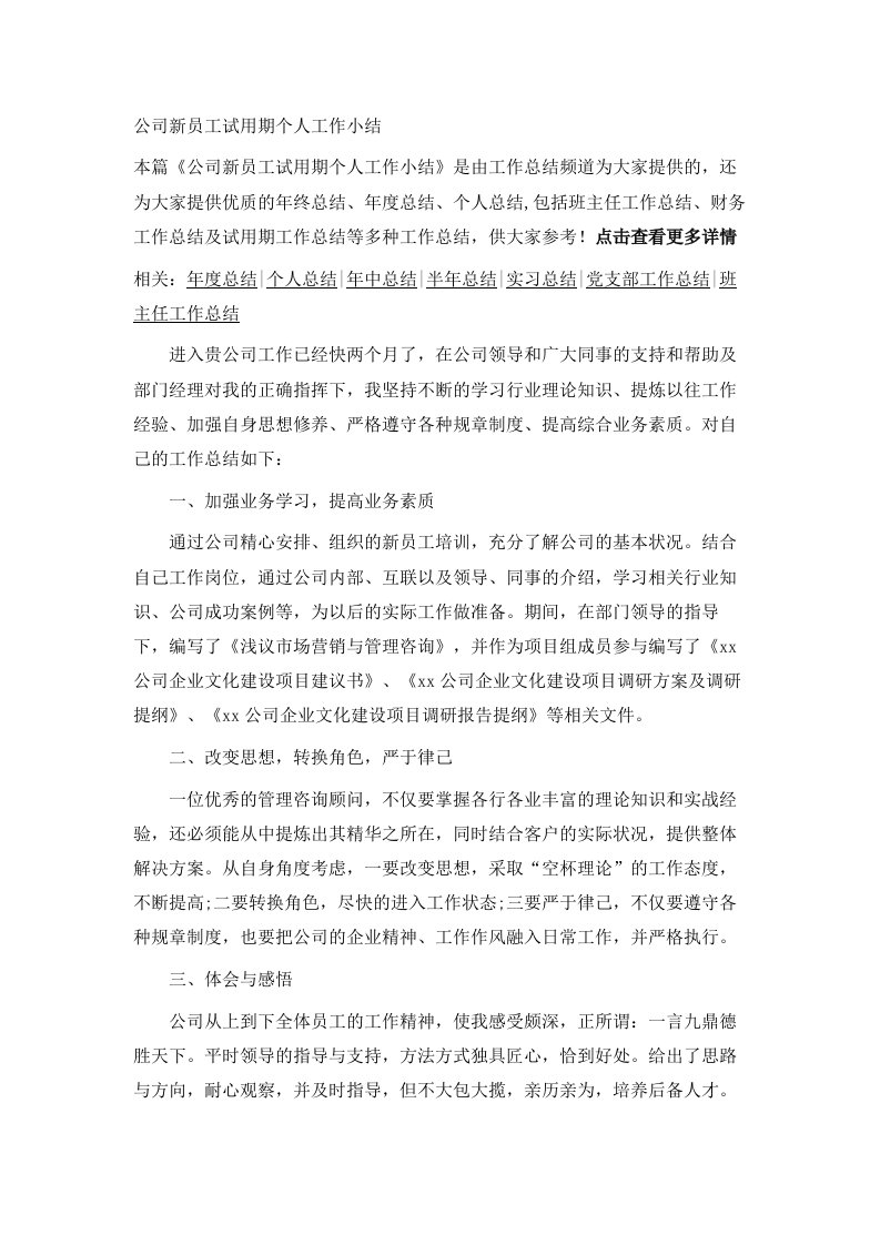 公司新员工试用期个人工作小结