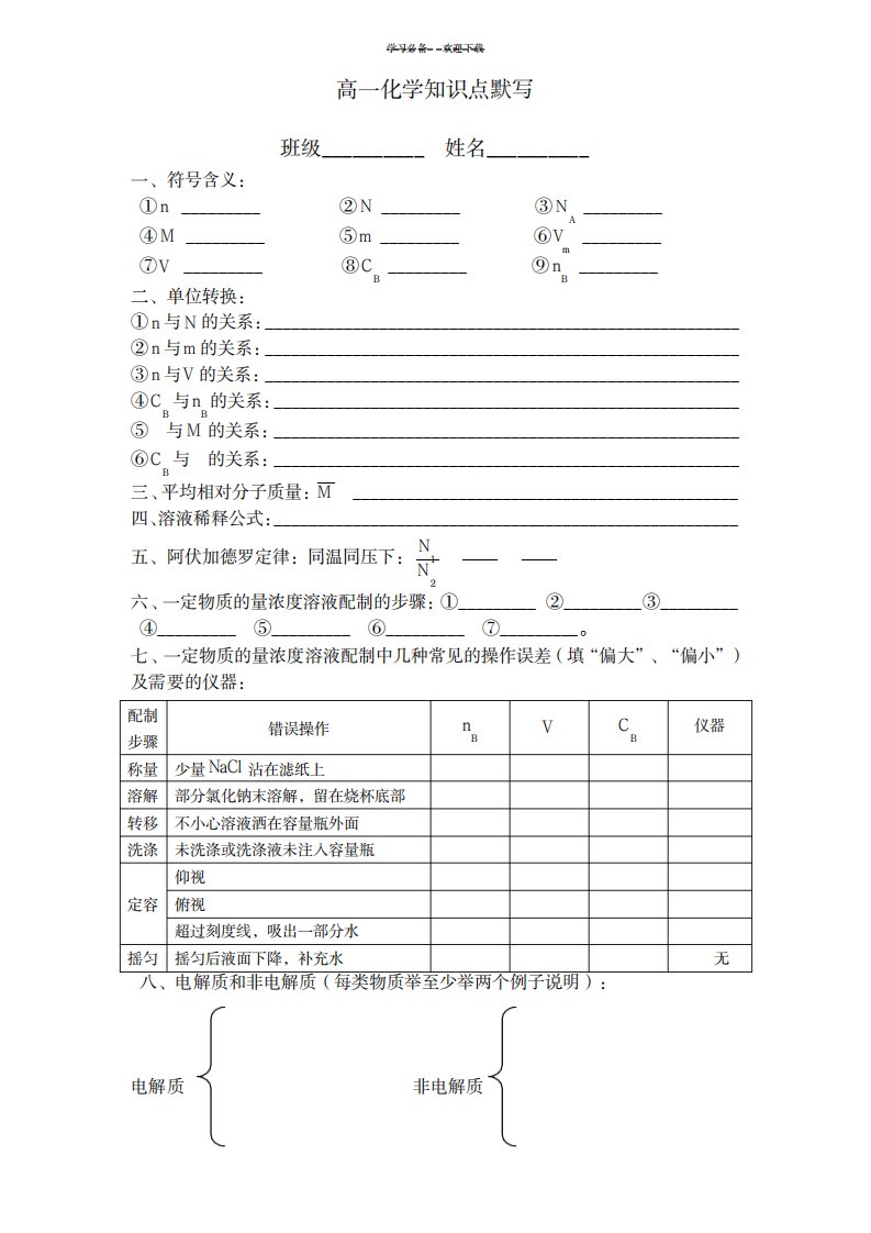 2023年高一化学第一二章基本知识点总结归纳默写