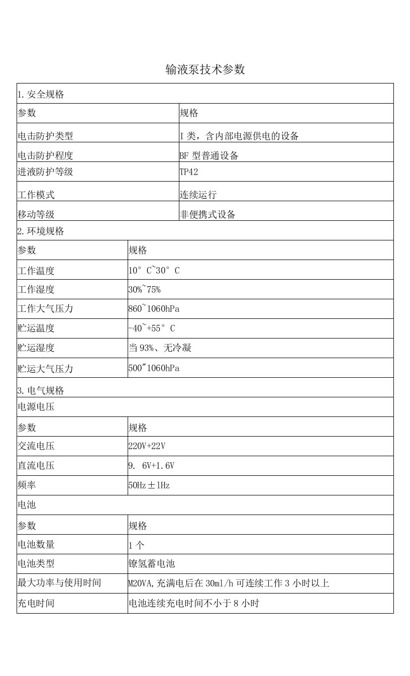 输液泵技术参数