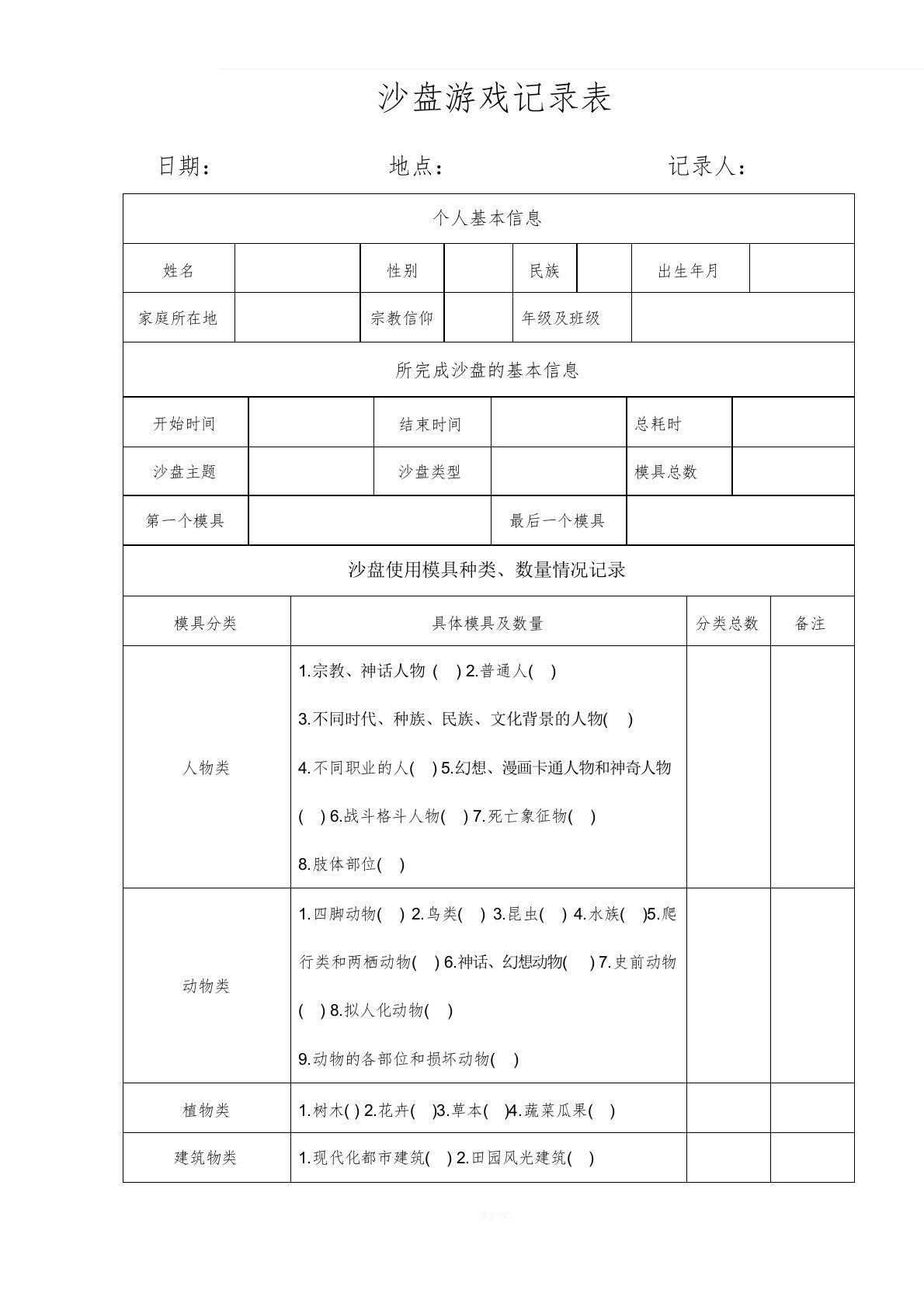 个人沙盘游戏记录表