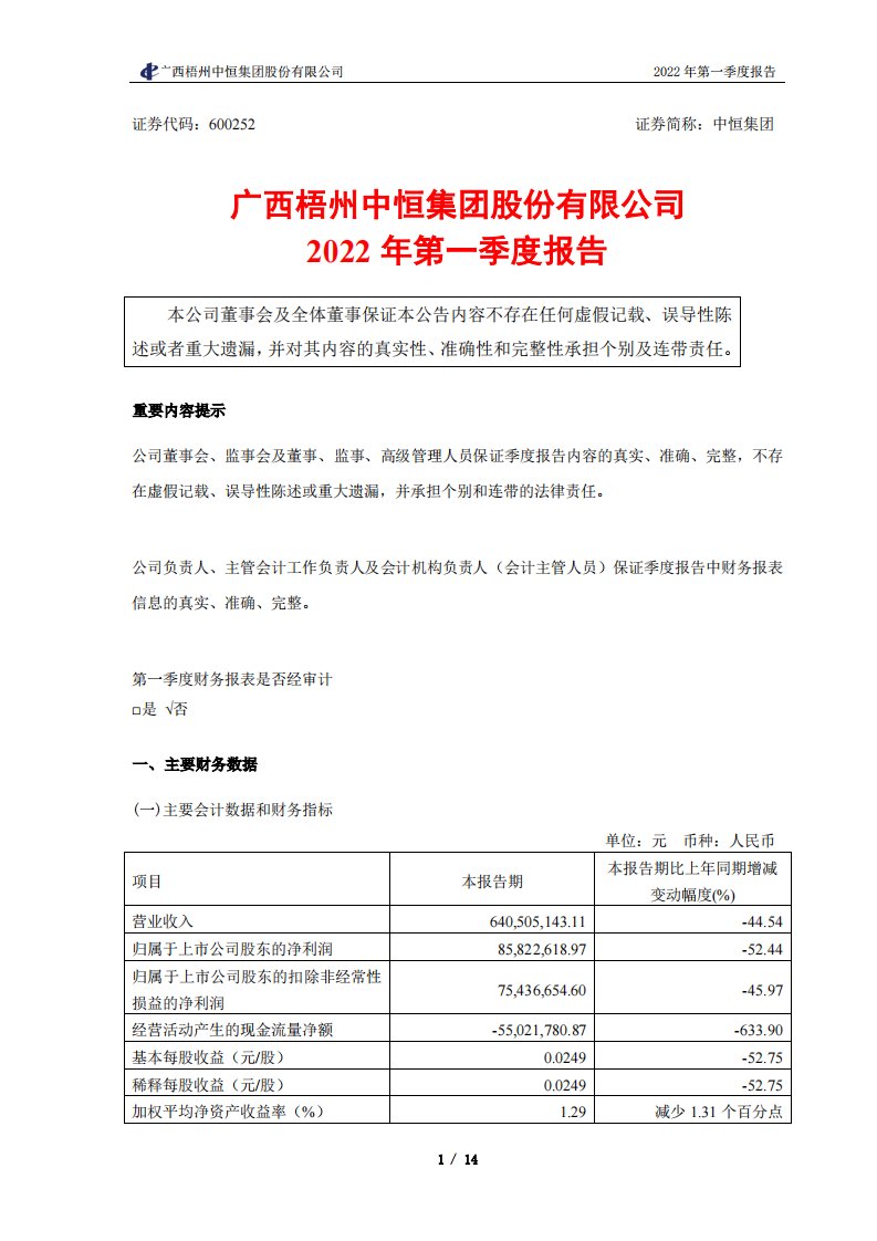 上交所-广西梧州中恒集团股份有限公司2022年第一季度报告-20220429