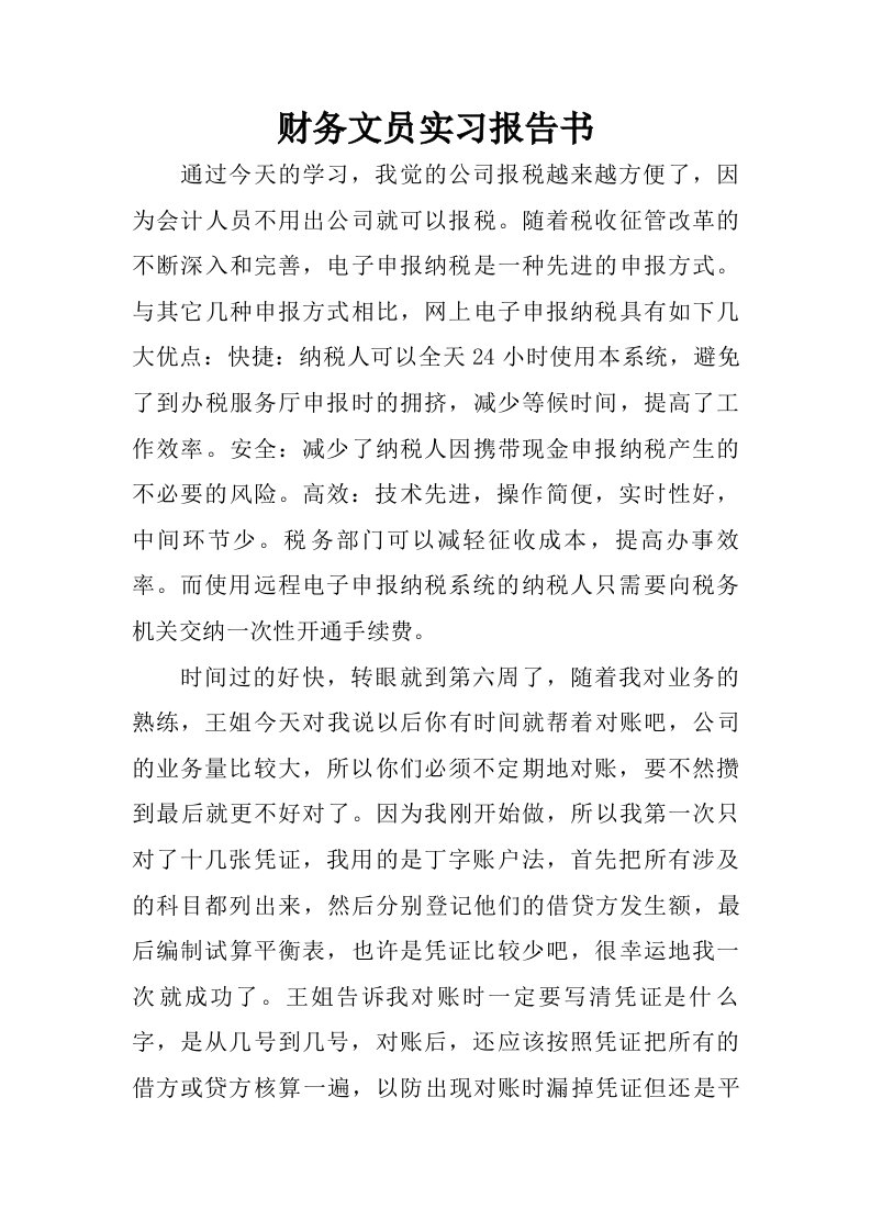 财务文员实习报告书.doc