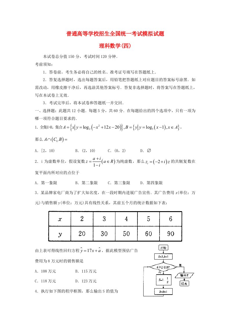 招生全国统一考试高三数学模拟试题(四)理