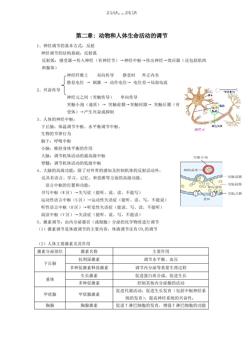 第二章动物和人体生命活动的调节知识点复习