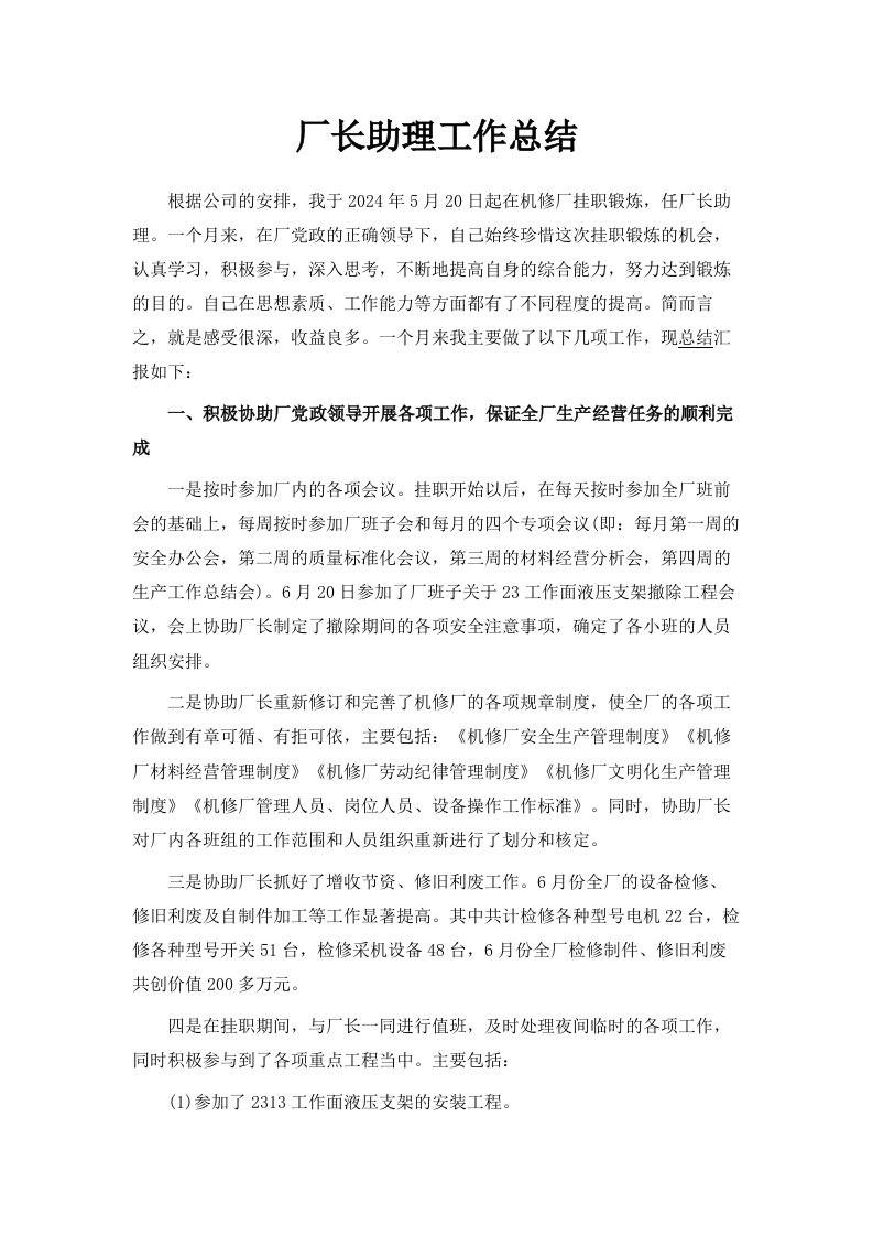 厂长助理工作总结范文