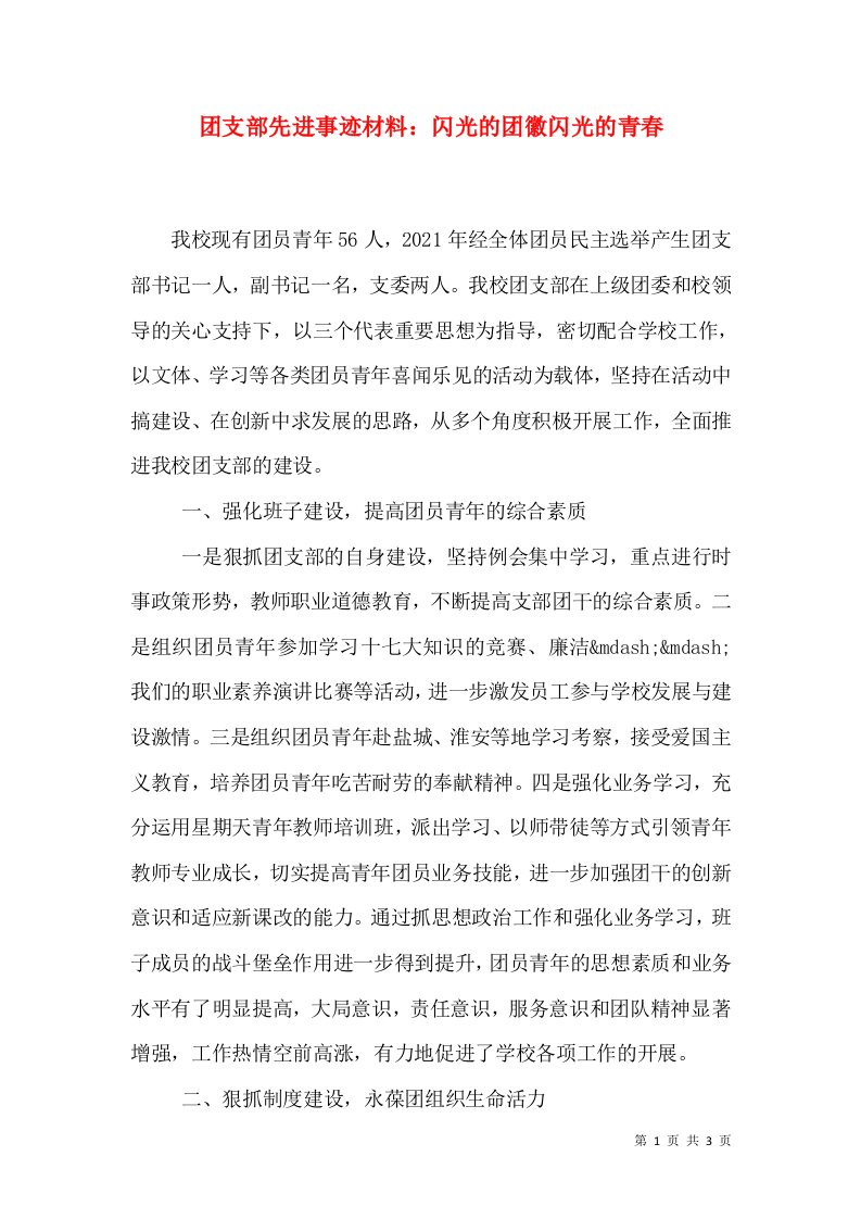 团支部先进事迹材料：闪光的团徽闪光的青春