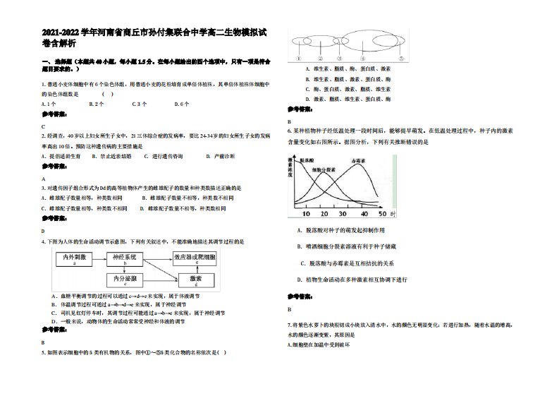 2021-2022学年河南省商丘市孙付集联合中学高二生物模拟试卷含解析