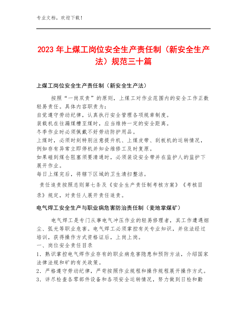 2023年上煤工岗位安全生产责任制（新安全生产法）规范三十篇