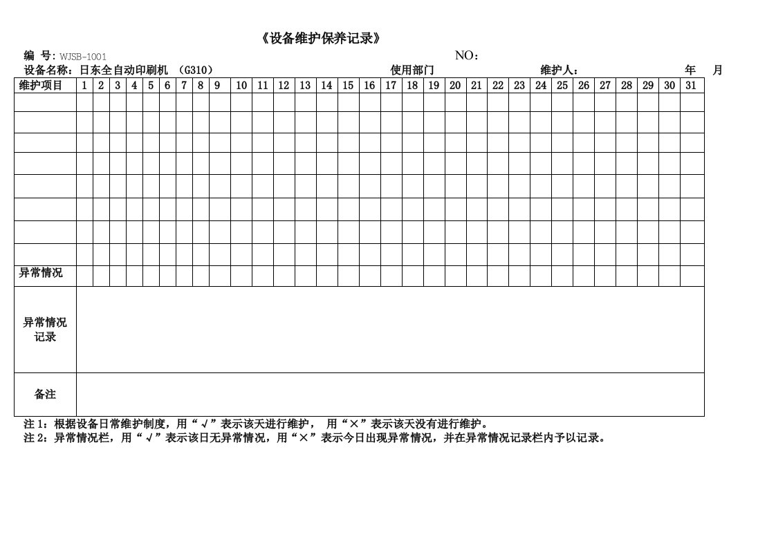 全自动动印刷机设备维护保养记录