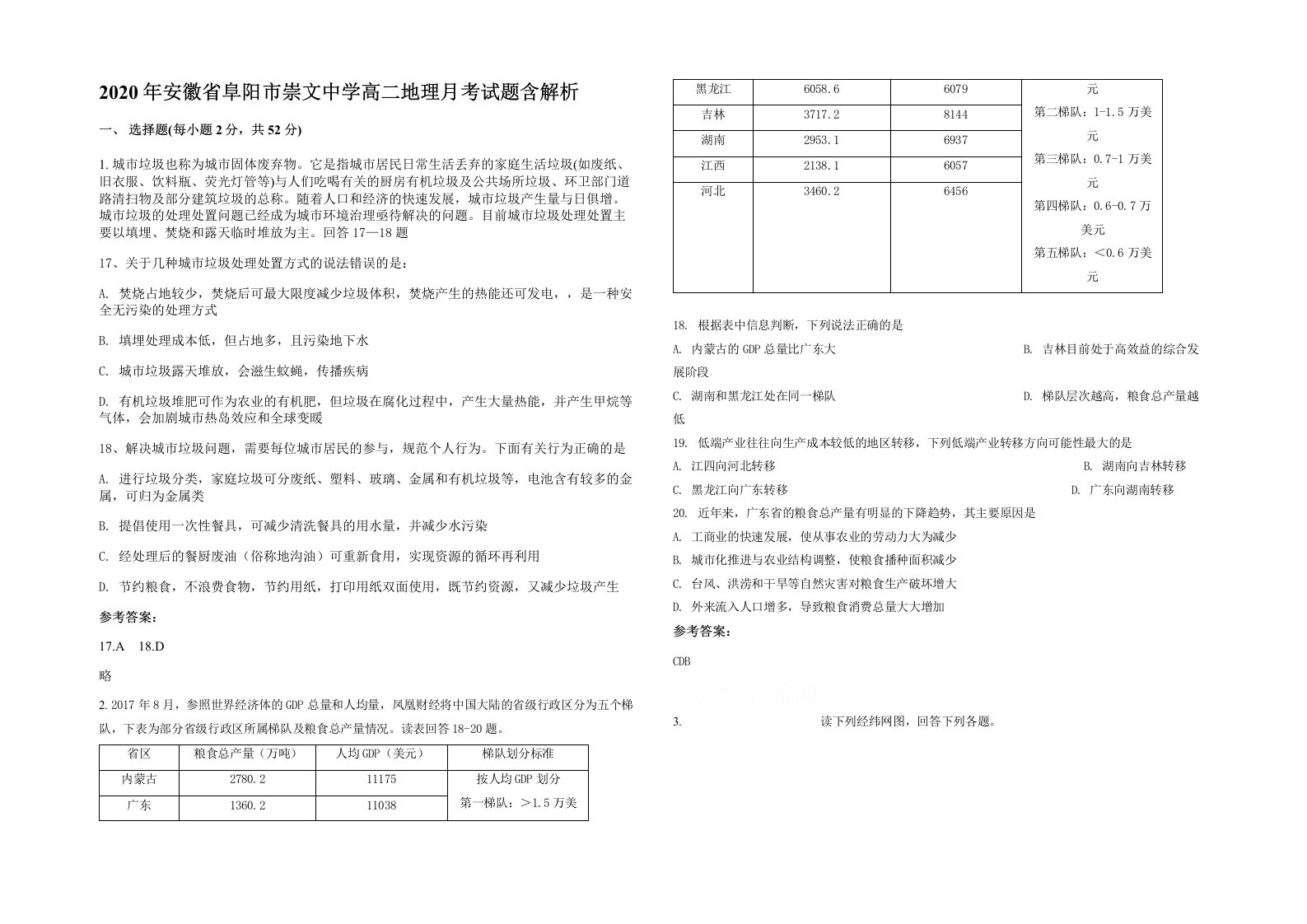 2020年安徽省阜阳市崇文中学高二地理月考试题含解析