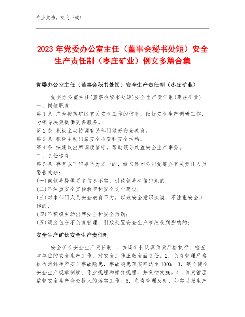 2023年党委办公室主任（董事会秘书处短）安全生产责任制（枣庄矿业）例文多篇合集