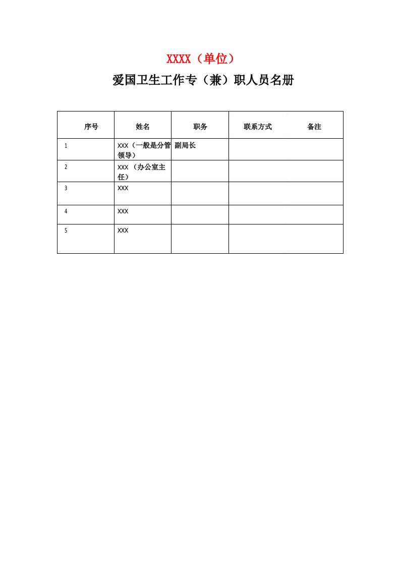 爱国卫生工作专职人员名册