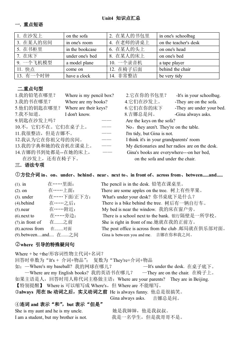 人教版七年级英语上册Unit4短语、句型、知识点总结