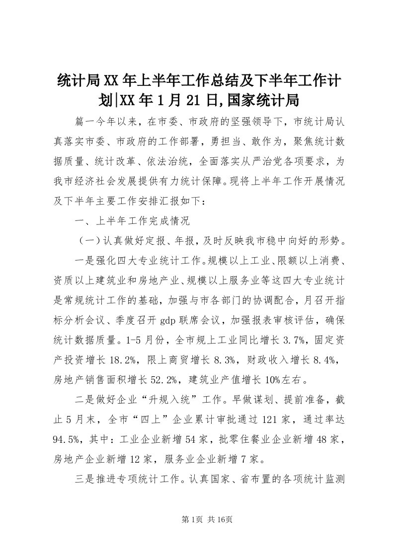 6统计局某年上半年工作总结及下半年工作计划-某年月日,国家统计局