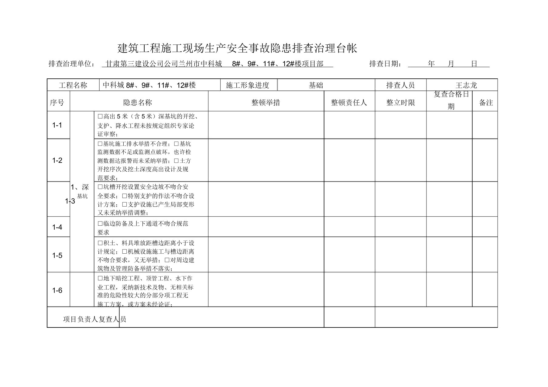 建筑工程施工现场生产安全事故隐患排查治理台账