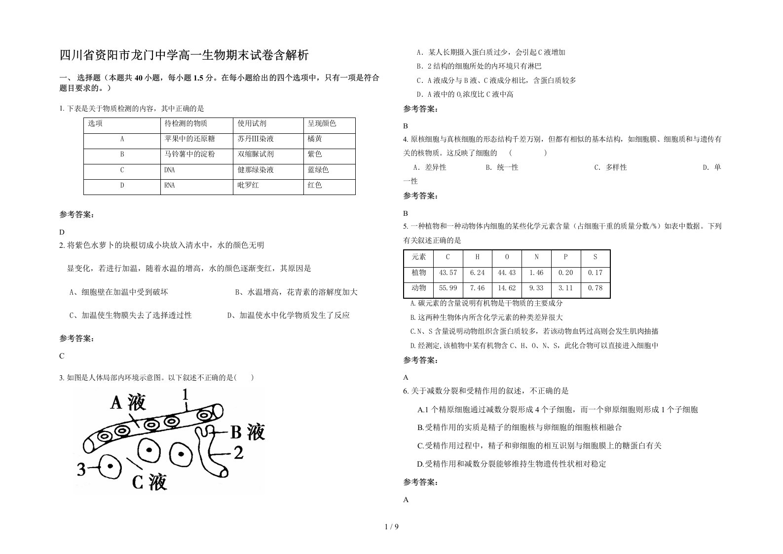 四川省资阳市龙门中学高一生物期末试卷含解析