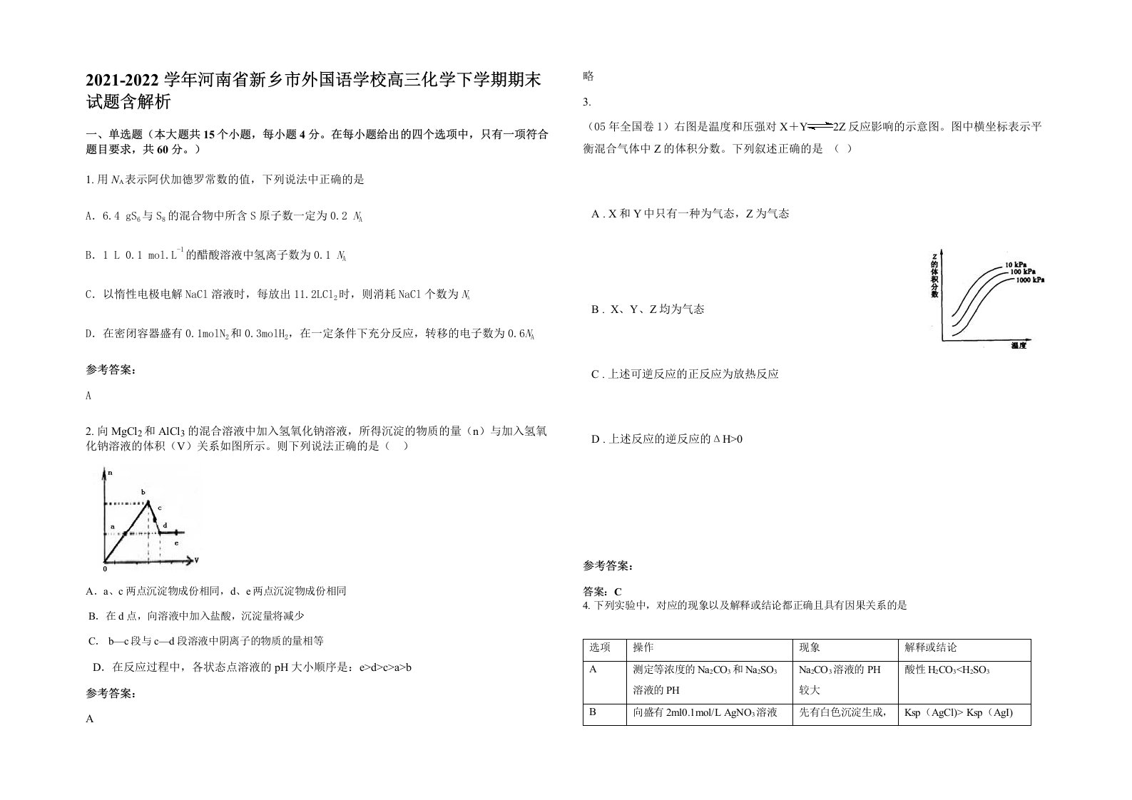 2021-2022学年河南省新乡市外国语学校高三化学下学期期末试题含解析