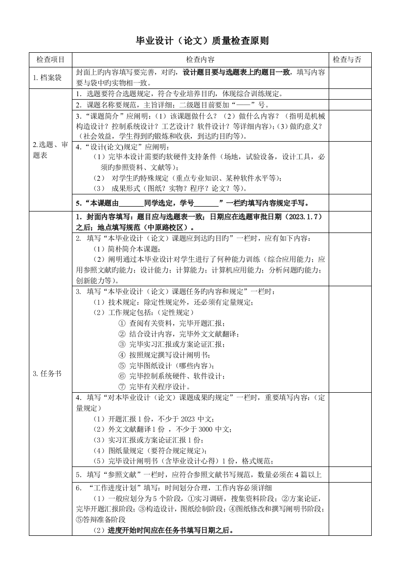 2023年毕业设计质量检查标准