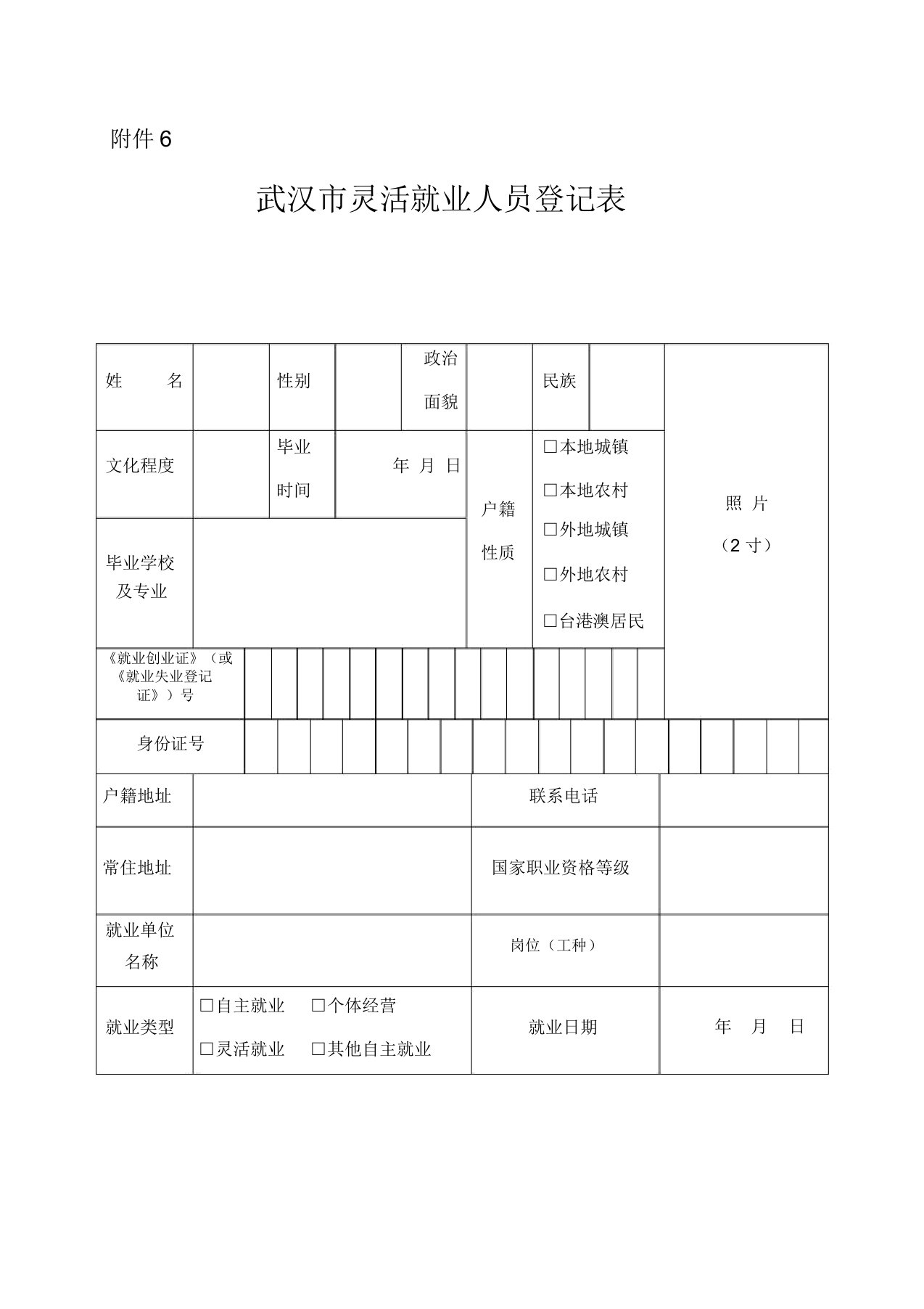 武汉市灵活就业人员登记表