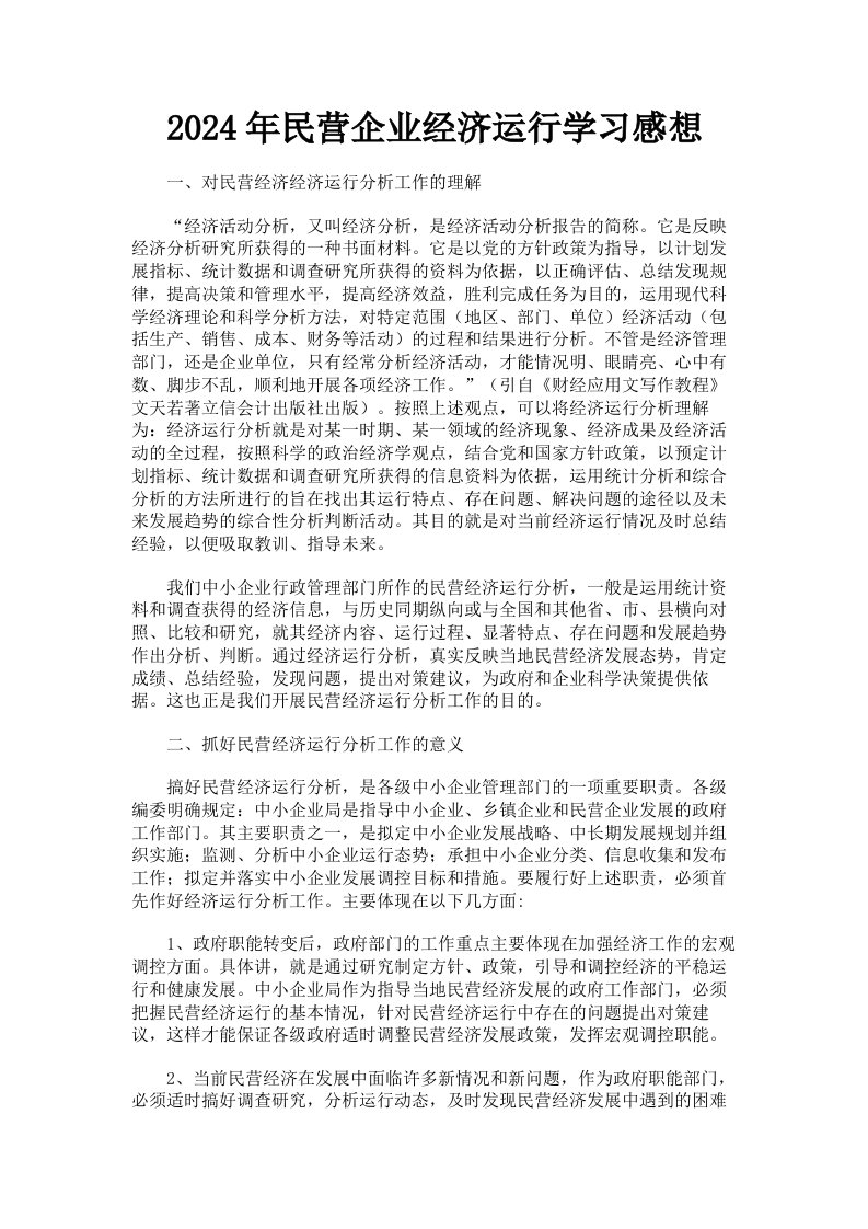 2024年民营企业经济运行学习感想