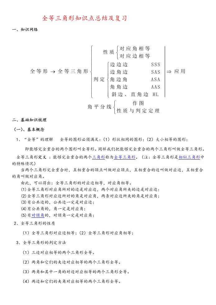 全等三角形知识点总结与复习试题