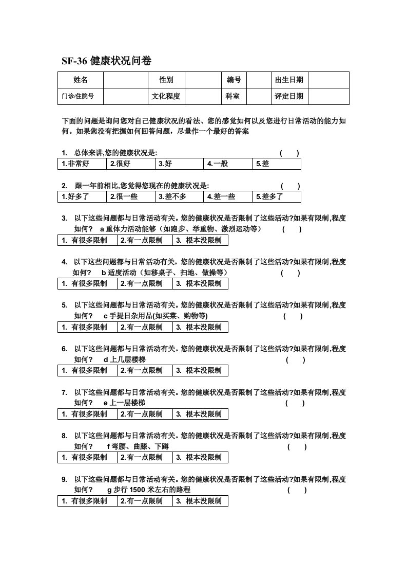 SF-36简明健康状况量表