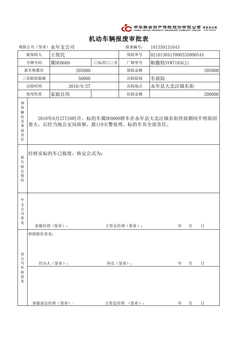 机动车辆报废审批表