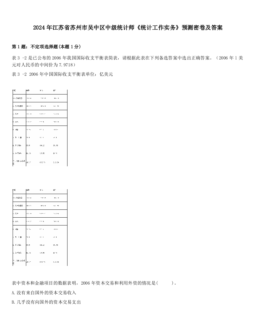 2024年江苏省苏州市吴中区中级统计师《统计工作实务》预测密卷及答案