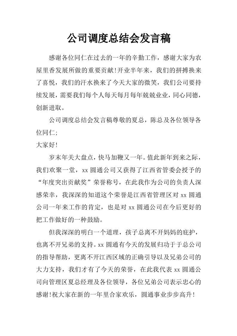 公司调度总结会发言稿