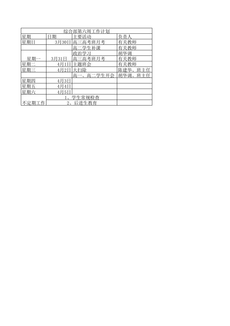 工作计划-综合部第六周工作计划