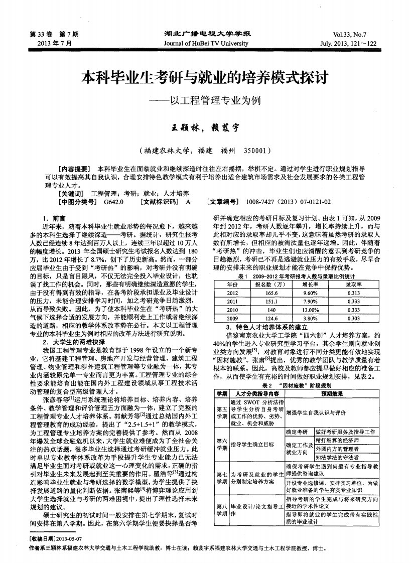 《本科毕业生考研与就业的培养模式探讨——以工程管理专业为例》