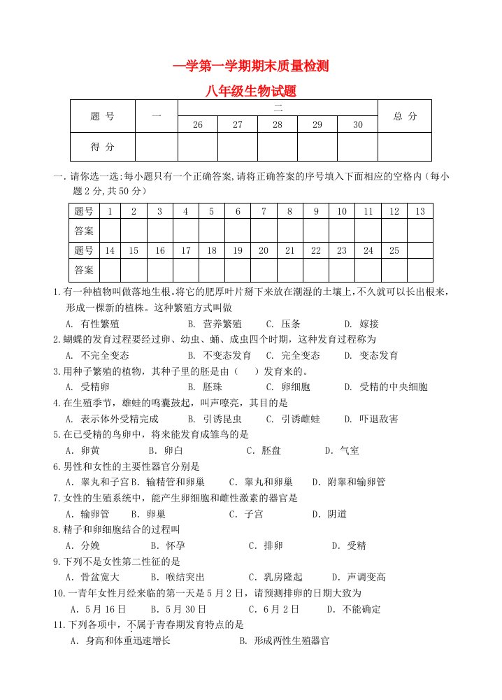 山东省枣庄市峄城区吴林中学八级生物上学期期末试题