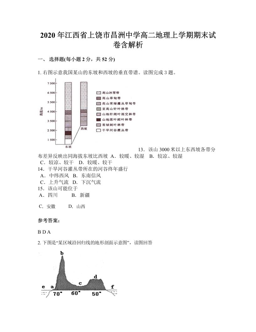 2020年江西省上饶市昌洲中学高二地理上学期期末试卷含解析