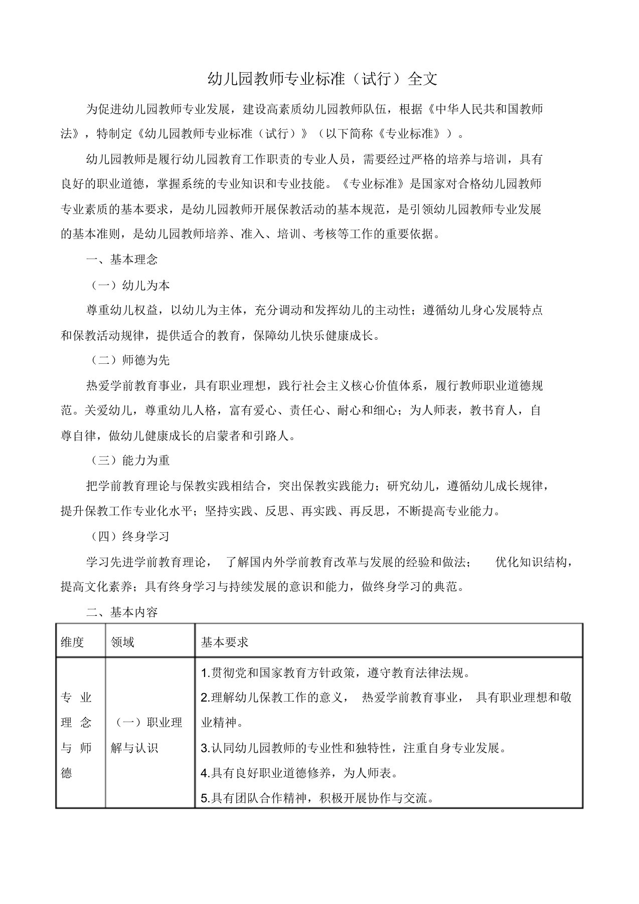 幼儿园教师专业标准(全文)