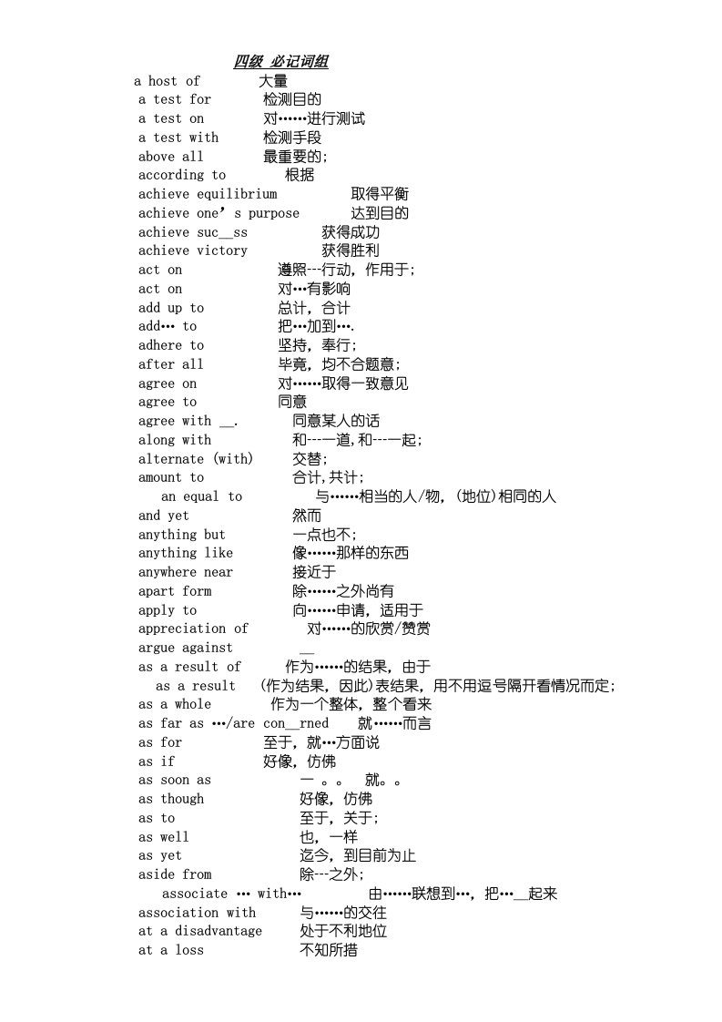 英语四级考试完形填空常考词组汇总(word版)