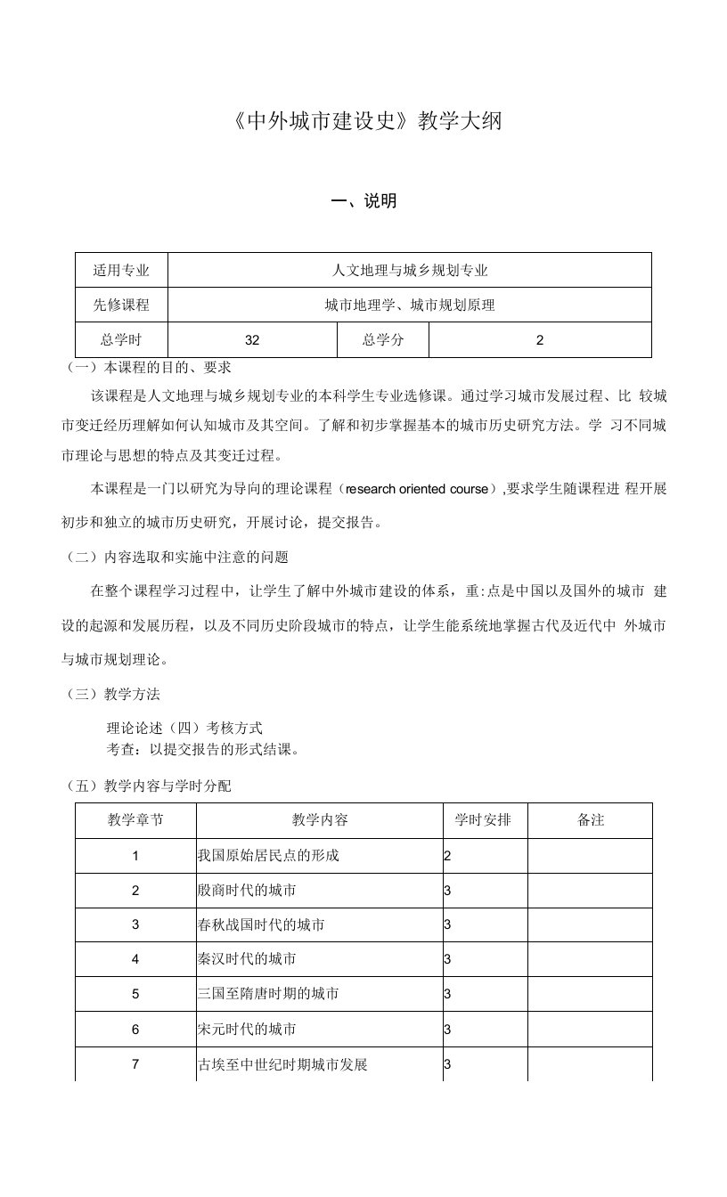 《中外城市建设史》教学大纲