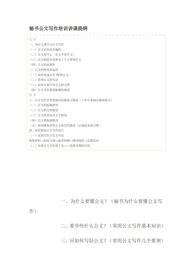 精选秘书公文写作培训讲课提纲